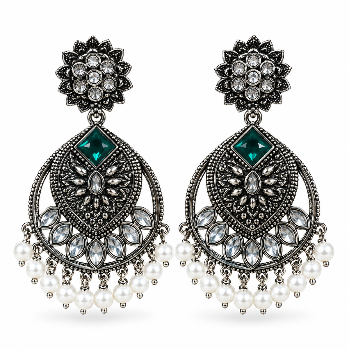 Oxidised Silver Emerald Green Chandbali Earrings with Pearl Drops | Floral Statement Earrings for Women & Girls