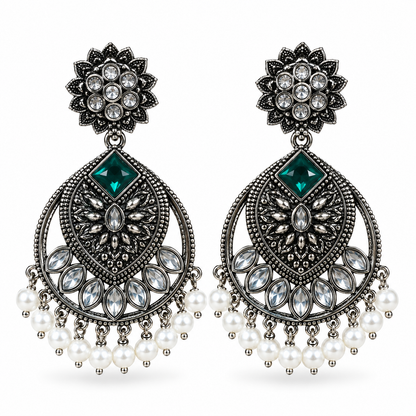 Oxidised Silver Emerald Green Chandbali Earrings with Pearl Drops | Floral Statement Earrings for Women & Girls