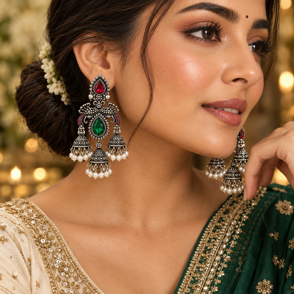 Oxidised Silver Triple Jhumka Earrings with Ruby & Emerald Stones | Pearl Chandbali Earrings for Women