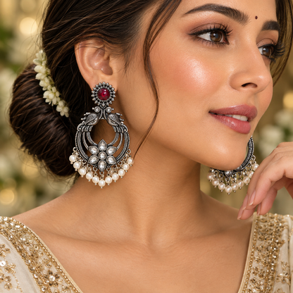 Oxidised Silver Bird Chandbali Earrings with Maroon Stone & Pearl Drops | Traditional Ethnic Earrings for Women