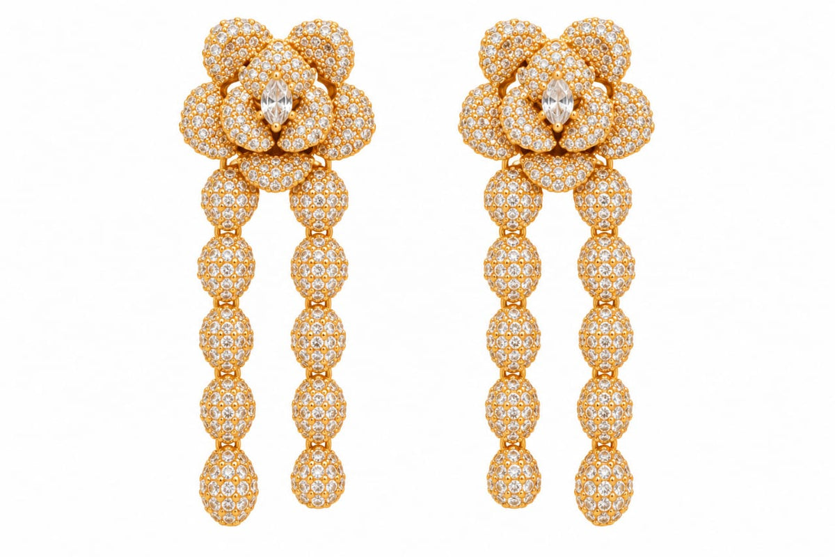 Luxury Gold Plated American Diamond Rose Long Drop Earrings for Women | Bridal Party Wear Statement Earrings