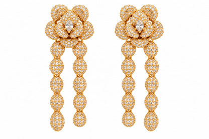 Luxury Gold Plated American Diamond Rose Long Drop Earrings for Women | Bridal Party Wear Statement Earrings