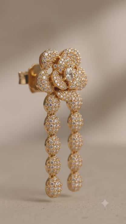 Luxury Gold Plated American Diamond Rose Long Drop Earrings for Women | Bridal Party Wear Statement Earrings