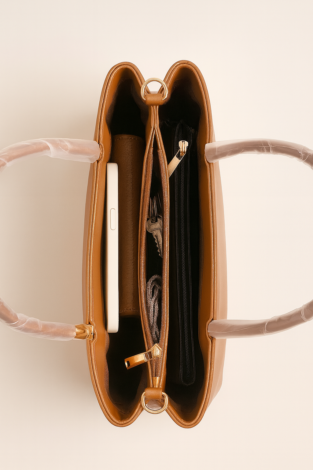 LIZZIE Tan Textured Panel Faux Leather Handbag – With Detachable Sling Strap