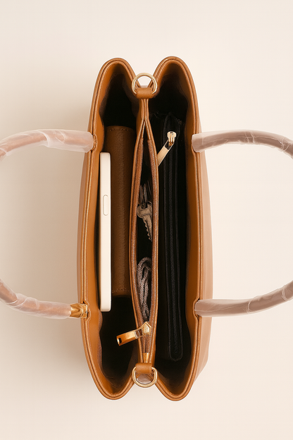 LIZZIE Tan Textured Panel Faux Leather Handbag – With Detachable Sling Strap