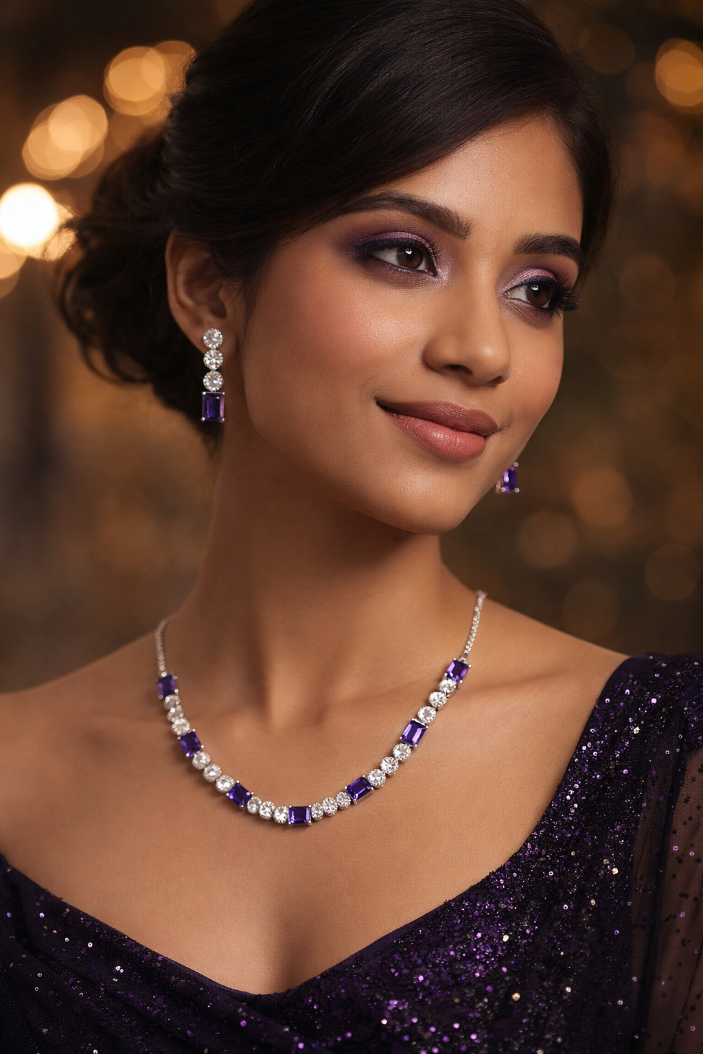 Silver-Plated Purple Crystal Necklace Set with Earrings – Diamond Look Party & Wedding Jewellery