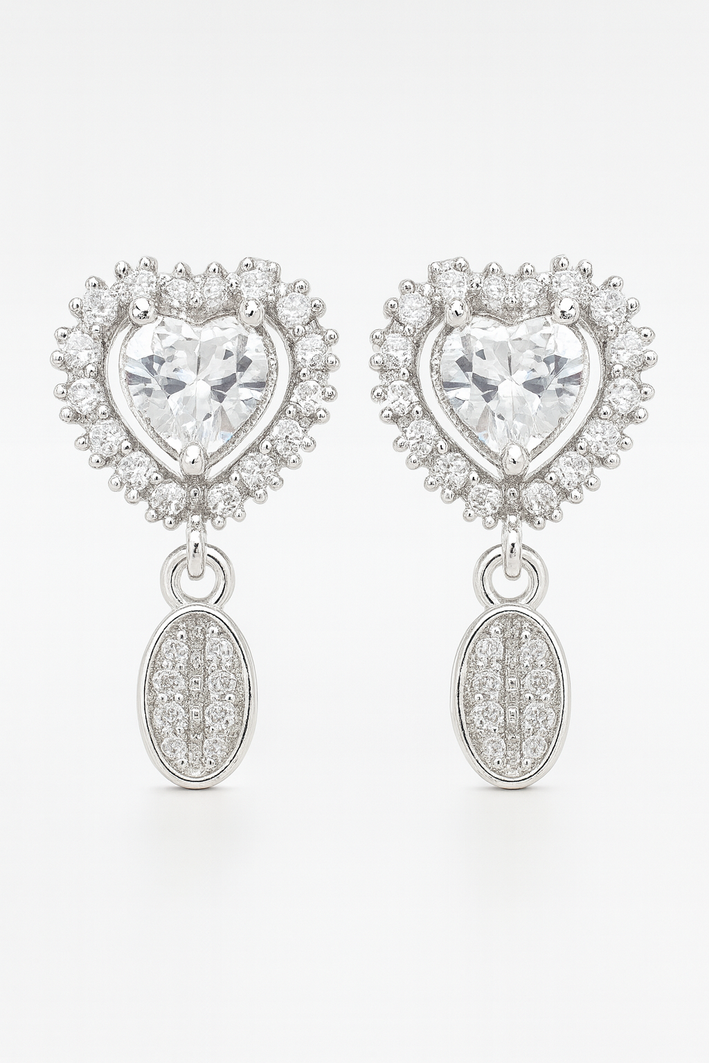 Silver-Plated Heart-Shaped CZ Stud Earrings with Oval Dangler