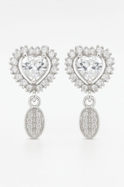 Silver-Plated Heart-Shaped CZ Stud Earrings with Oval Dangler