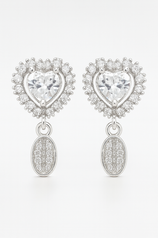 Silver-Plated Heart-Shaped CZ Stud Earrings with Oval Dangler
