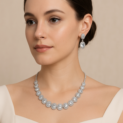 Glamorous Silver-Toned Oval CZ Necklace & Earrings Set with Double Halo Design