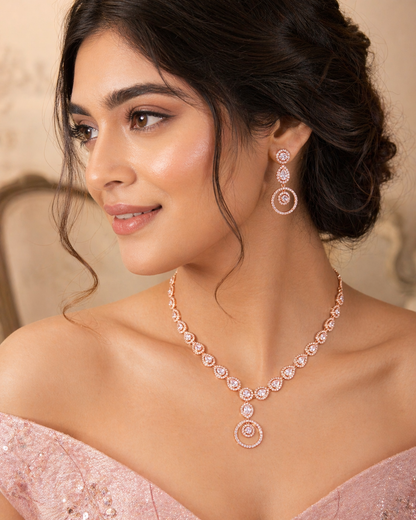 Rose Gold Plated Teardrop Crystal Necklace Set with Earrings – Premium Bridal Wedding Jewellery