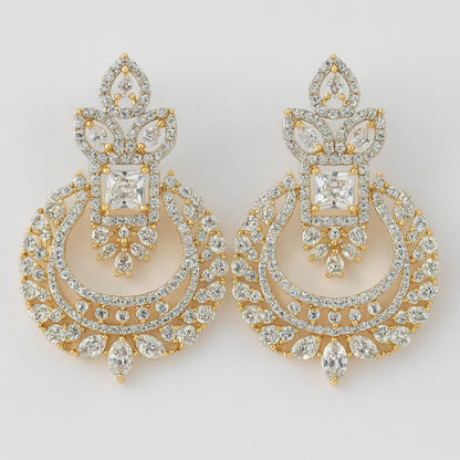 Gold-Plated CZ Chandelier Earrings with Square Centerpiece & Marquise Accents – Bridal & Festive Wear