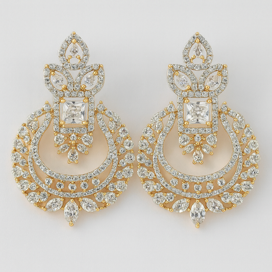 Gold-Plated CZ Chandelier Earrings with Square Centerpiece & Marquise Accents – Bridal & Festive Wear