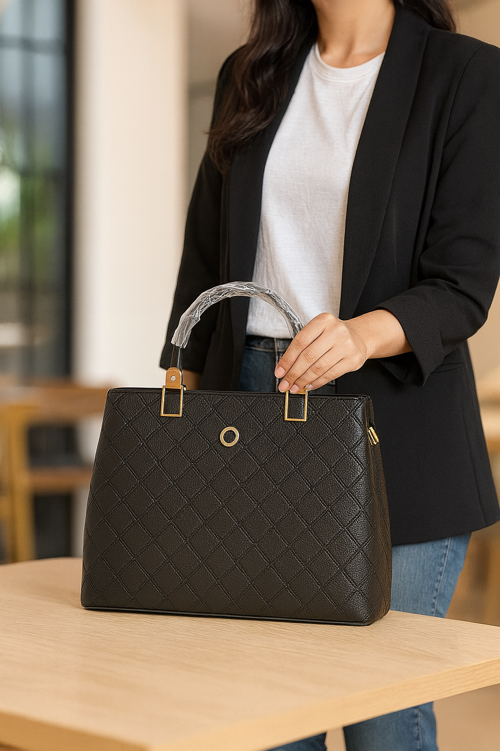 ZUBY Black Quilted Faux Leather Structured Handbag – Classic Gold Hardware | Office to Evening