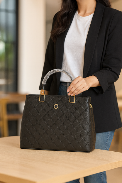 ZUBY Black Quilted Faux Leather Structured Handbag – Classic Gold Hardware | Office to Evening