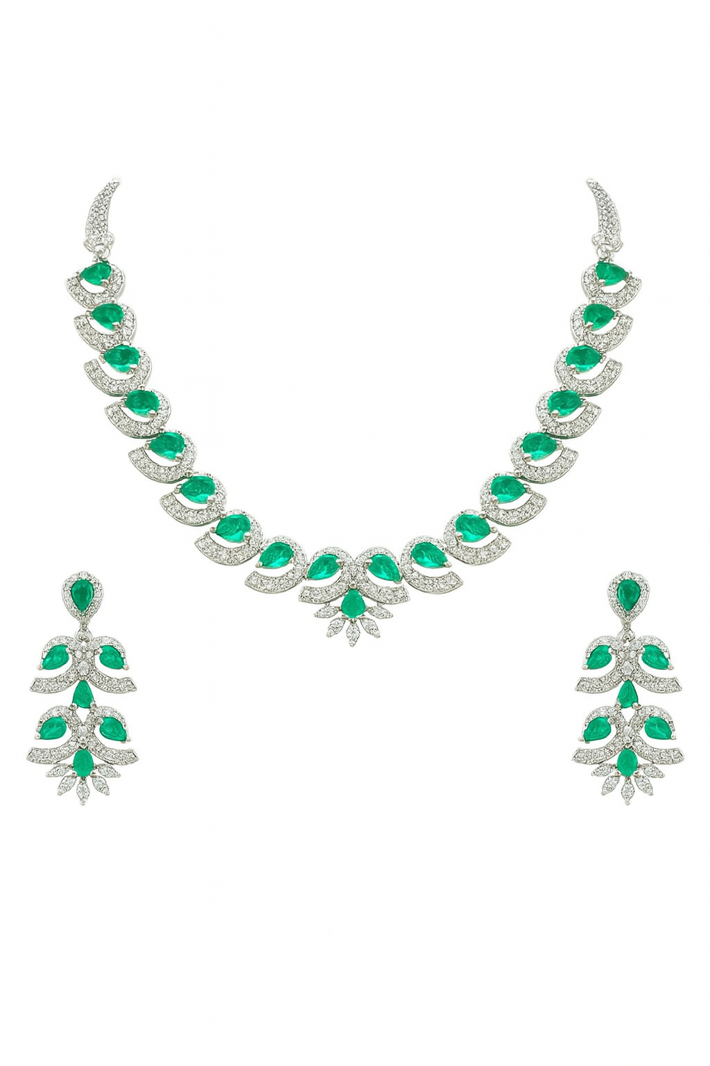 Elegant Emerald Green Stone Necklace & Earrings Set with Diamond Accents