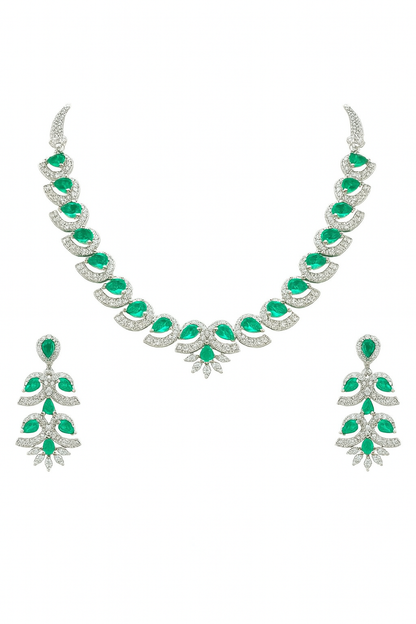 Elegant Emerald Green Stone Necklace & Earrings Set with Diamond Accents