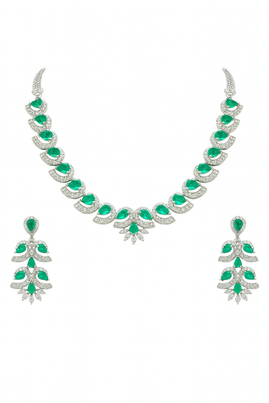 Elegant Emerald Green Stone Necklace & Earrings Set with Diamond Accents