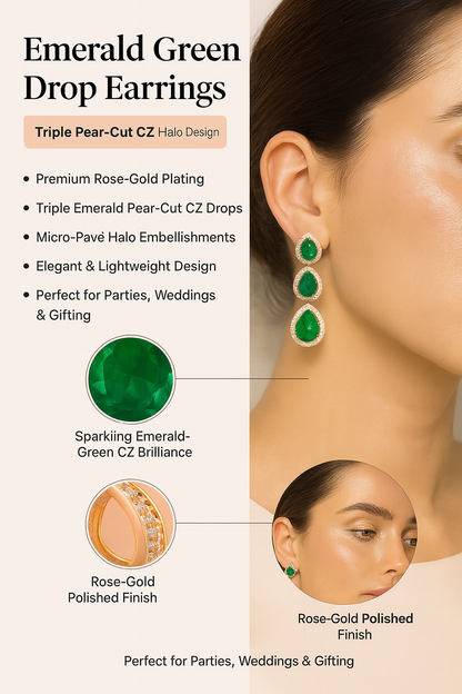 Rose-Gold Triple Emerald Drop Earrings – CZ Halo Statement Design