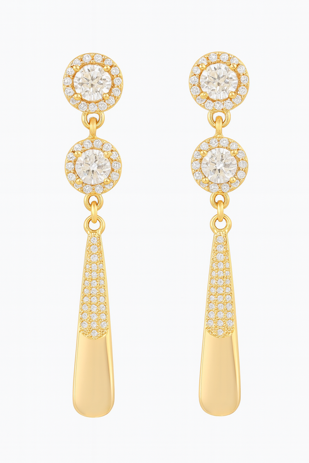 Gold-Plated CZ Encrusted Dual Circle & Long Drop Earrings