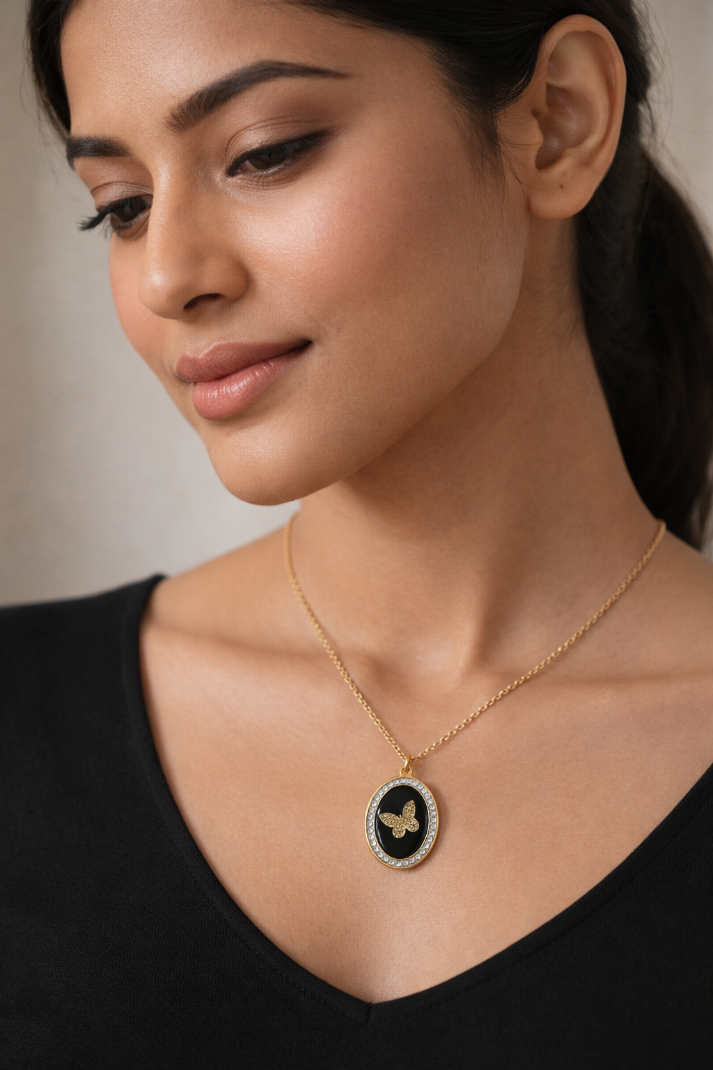 Gold-Plated Black Enamel Butterfly Pendant Necklace for Women – Crystal Border Oval Jewellery