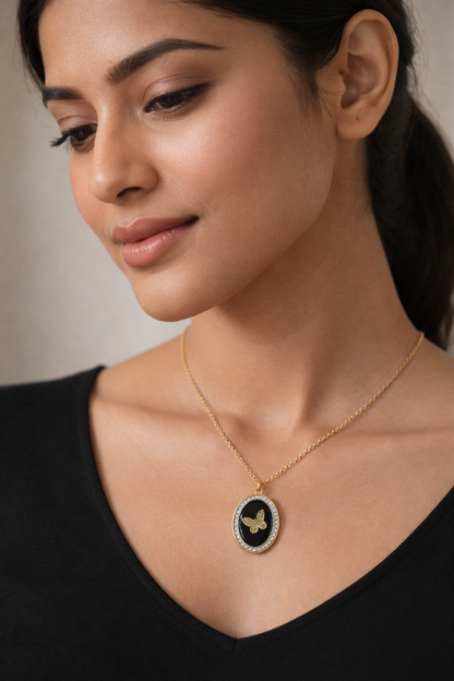 Gold-Plated Black Enamel Butterfly Pendant Necklace for Women – Crystal Border Oval Jewellery