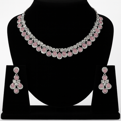 Chic Silver-Toned Pink Stone Necklace & Earrings Set with Teardrop Motifs