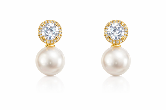 Gold-Plated Pearl Drop Earrings for Women – CZ Halo Stud Elegant Party Jewellery