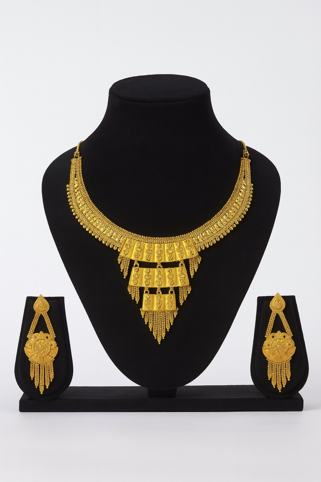 Antique Gold-Plated Layered Temple Bridal Necklace Set with Long Earrings – South Indian Traditional Jewellery
