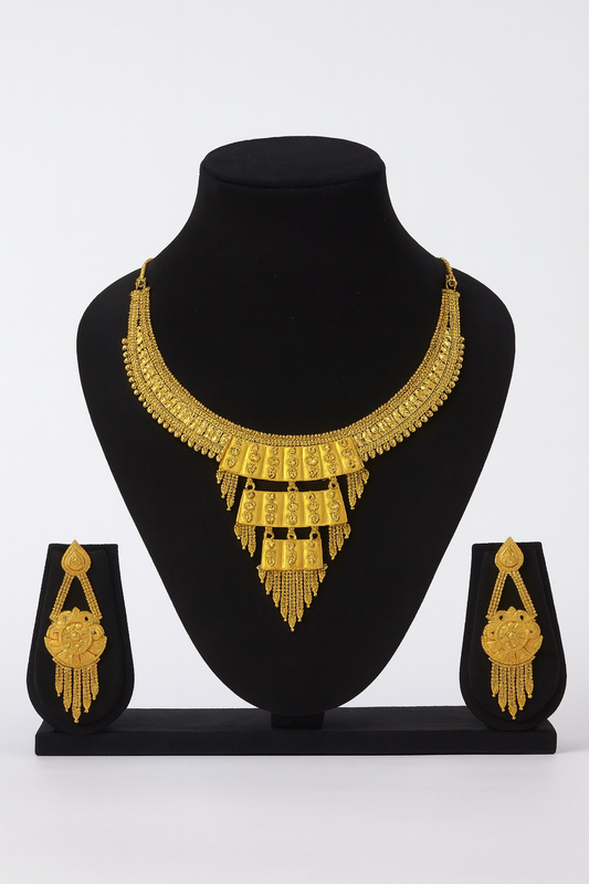 Antique Gold-Plated Layered Temple Bridal Necklace Set with Long Earrings – South Indian Traditional Jewellery