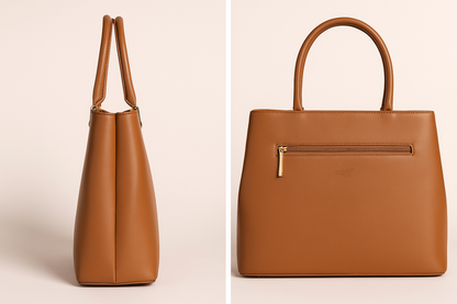 Kate Tan Faux Leather Structured Handbag – Elegant Daily Office Tote with Rear Zip Pocket