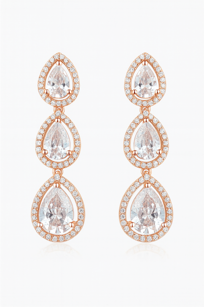 Rose-Gold Triple Teardrop CZ Earrings – Elegant Party & Evening Wear