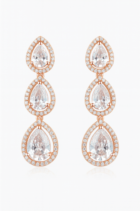 Rose-Gold Triple Teardrop CZ Earrings – Elegant Party & Evening Wear