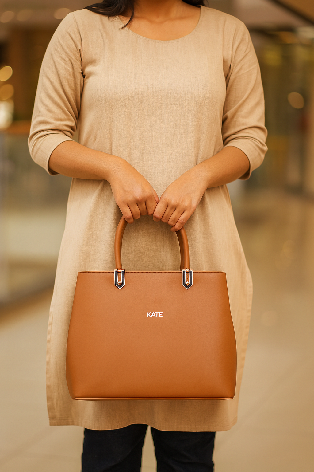 Kate Tan Faux Leather Structured Handbag – Elegant Daily Office Tote with Rear Zip Pocket