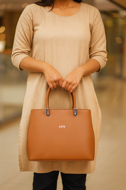 Kate Tan Faux Leather Structured Handbag – Elegant Daily Office Tote with Rear Zip Pocket