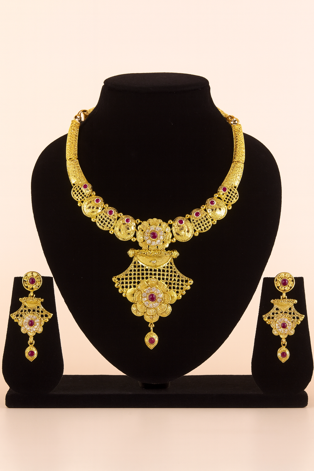 Heavy Gold-Plated Traditional Bridal Necklace Set with Floral Motif & Long Earrings – Antique CZ Stone Jewellery