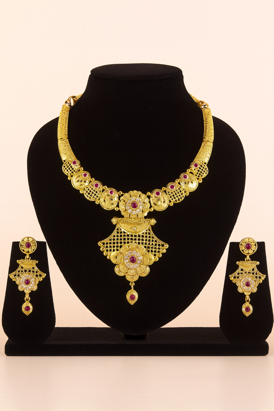 Heavy Gold-Plated Traditional Bridal Necklace Set with Floral Motif & Long Earrings – Antique CZ Stone Jewellery