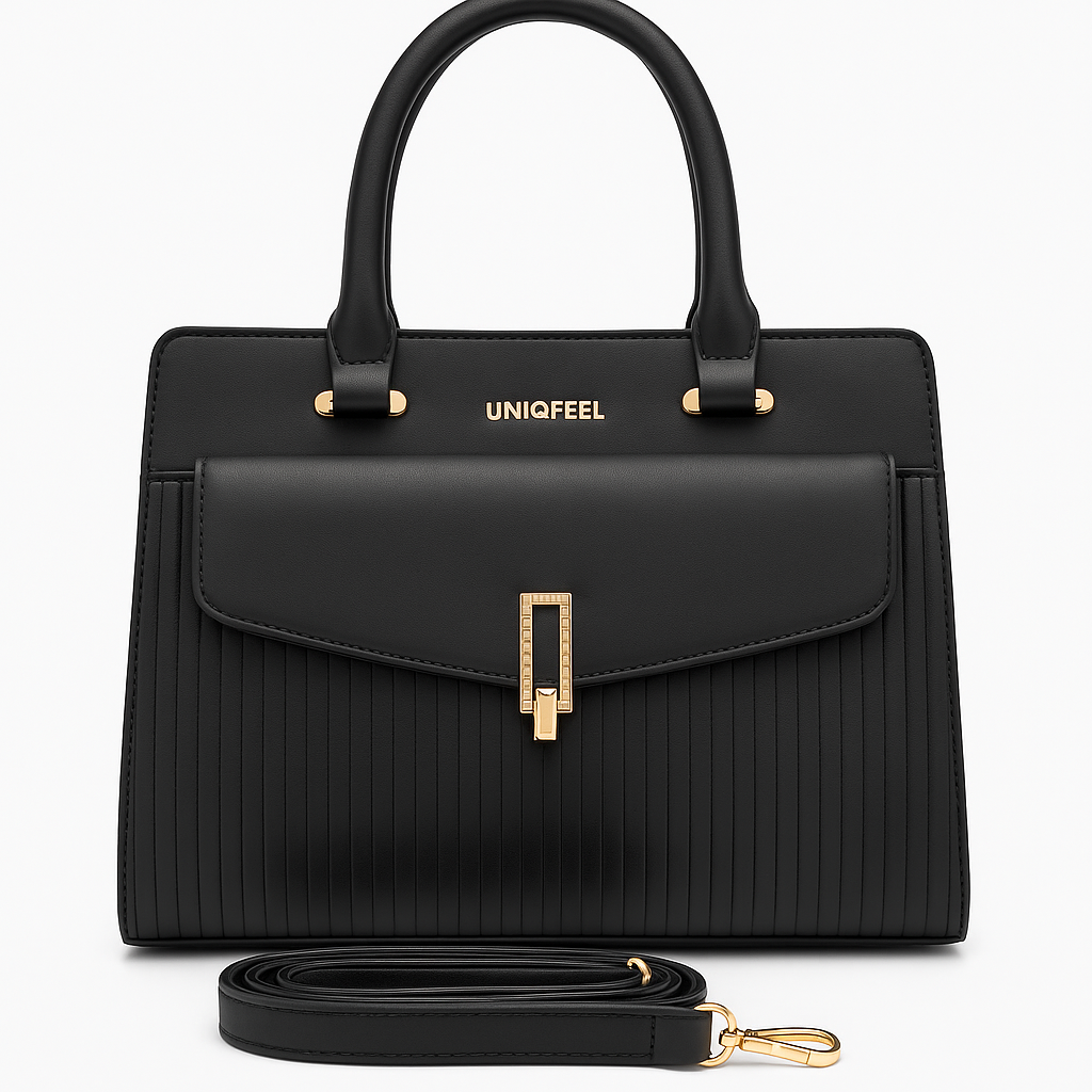 UNIQFEEL Elegant Black Structured Handbag with Front Flap Pocket & Gold Accents