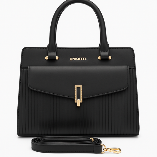UNIQFEEL Elegant Black Structured Handbag with Front Flap Pocket & Gold Accents