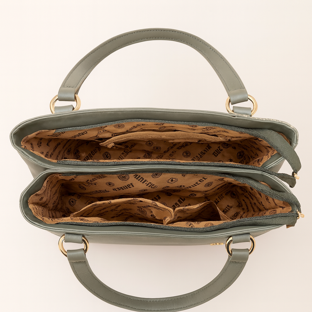 ZUBY Olive Green Textured Panel Handbag with Gold Logo – Elegant Designer Tote with Strap