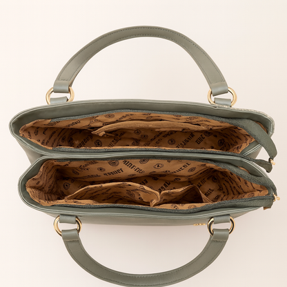 ZUBY Olive Green Textured Panel Handbag with Gold Logo – Elegant Designer Tote with Strap