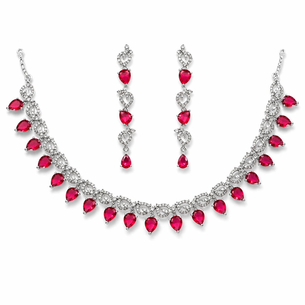 Silver-Plated Red Teardrop Crystal Necklace Set with Earrings – Bridal Wedding Jewellery Set