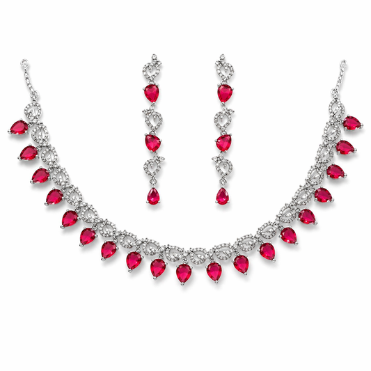 Silver-Plated Red Teardrop Crystal Necklace Set with Earrings – Bridal Wedding Jewellery Set