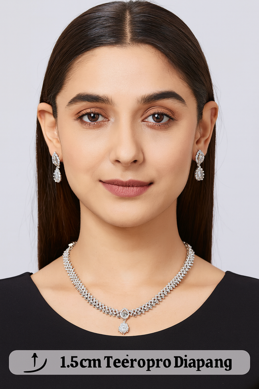 Classic Rhodium-Plated Diamond Look Necklace & Earrings Set with Solitaire Drop Pendant