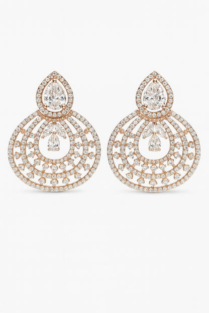 Rose-Gold Plated CZ Chandelier Earrings with Peach Teardrop Stone – Bridal & Party Wear