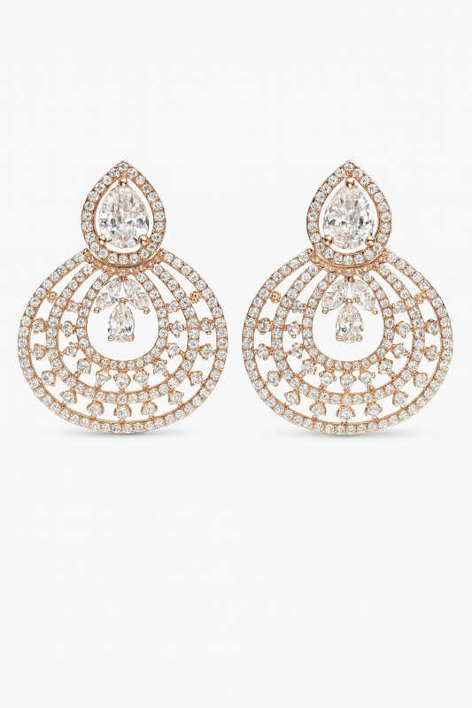 Rose-Gold Plated CZ Chandelier Earrings with Peach Teardrop Stone – Bridal & Party Wear