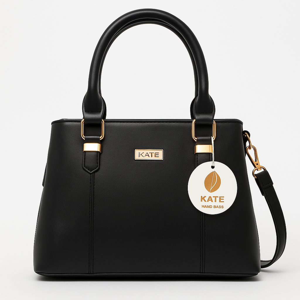 KATE Elegant Black Structured Faux Leather Handbag for Women | Top Handle & Sling Strap | Gold Hardware | Office, Casual, Travel Use