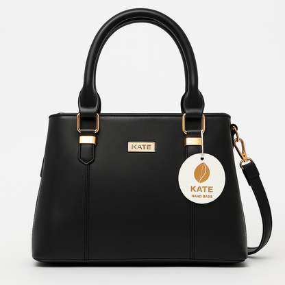 KATE Elegant Black Structured Faux Leather Handbag for Women | Top Handle & Sling Strap | Gold Hardware | Office, Casual, Travel Use