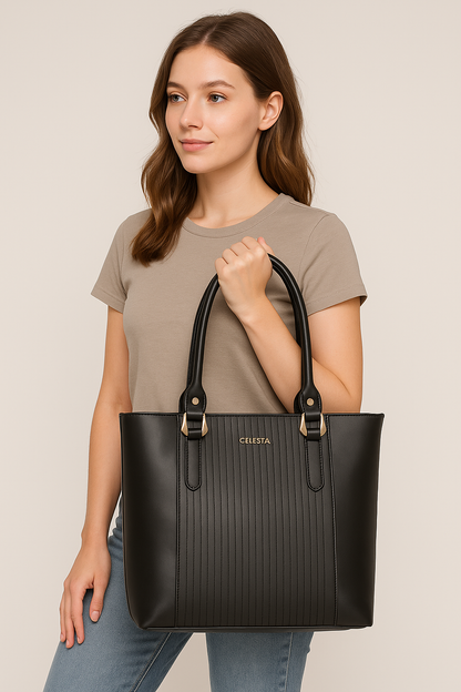 CELESTA Black Faux Leather Tote Bag for Women – Sleek Vertical Pleats, Spacious & Elegant with Gold Hardware