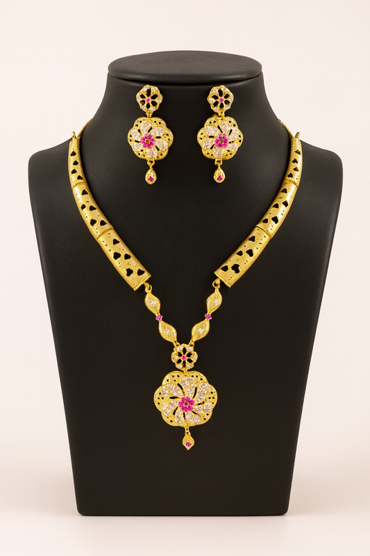 Gold-Plated Traditional Necklace & Earrings Set with Floral Pendant and Heart Motifs – CZ & Pink Stone Bridal Jewelry